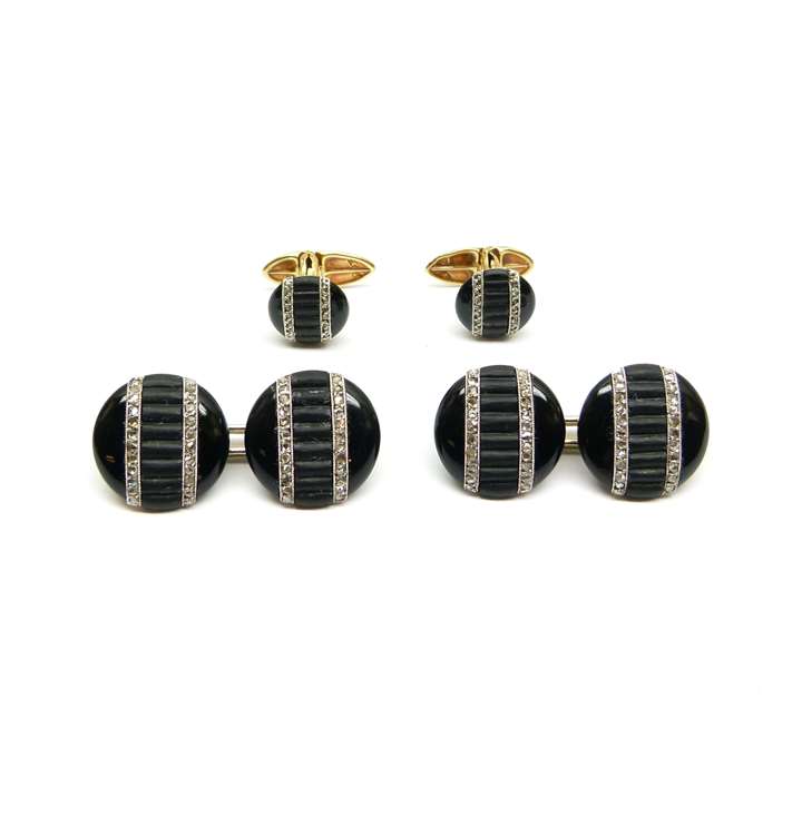 Onyx and diamond gentleman's dress set  comprising a pair of cufflinks and two studs